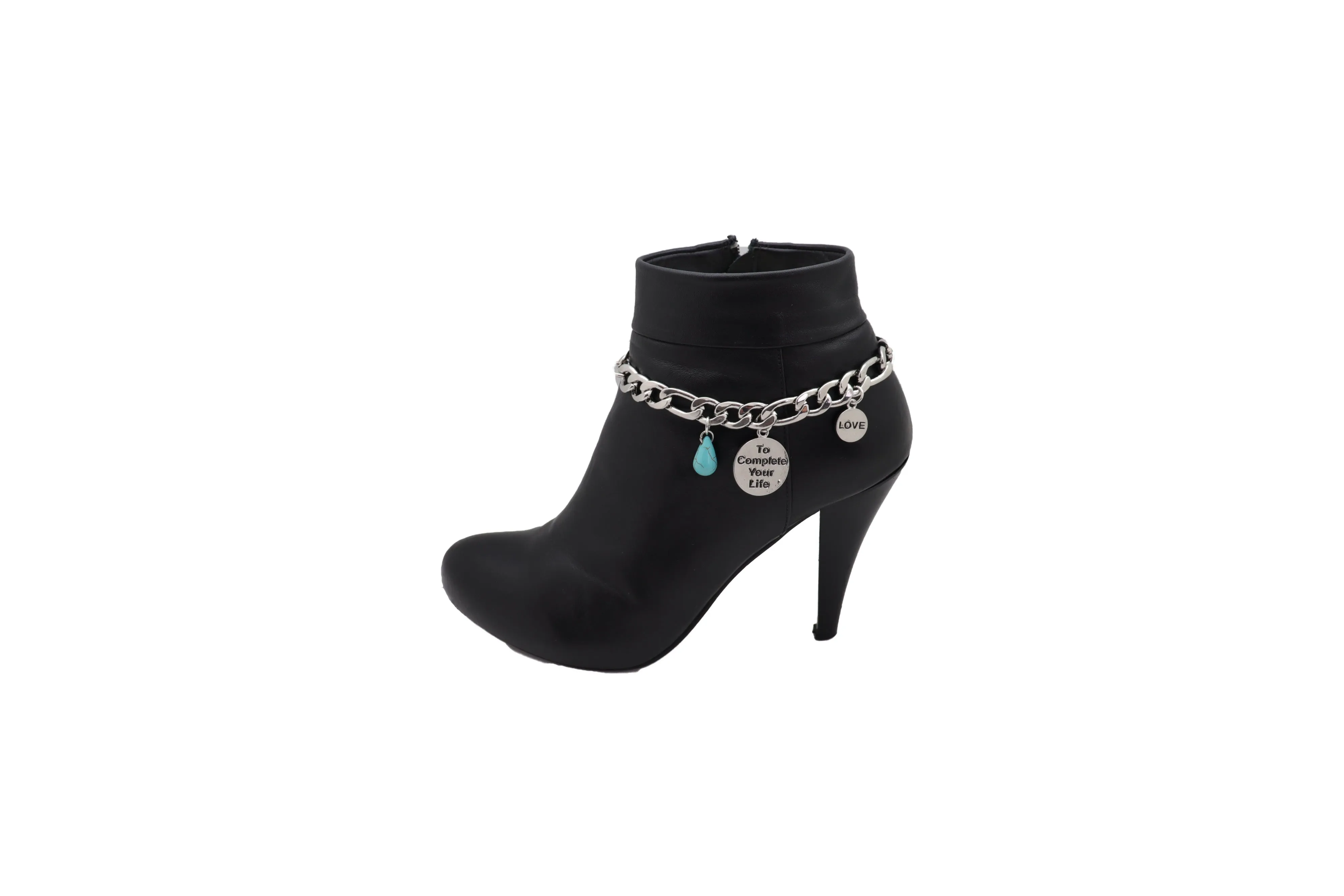 Women Silver Metal Chain Boot Bracelet Shoe Anklet Charm Love Complete Life