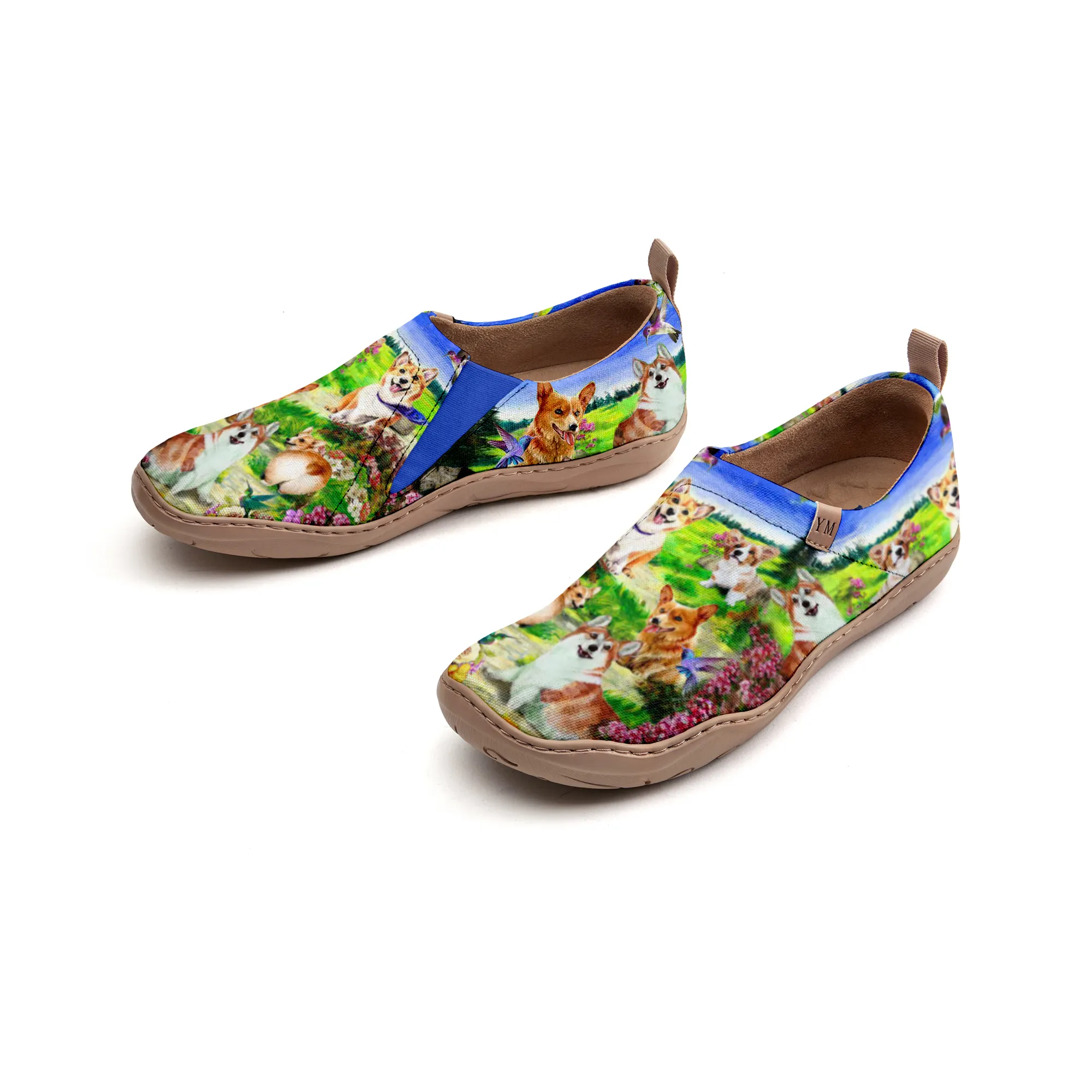 Women's Foldable Loafers, Corgi In The Grass Green Painted Canvas Slip-On Sneakers