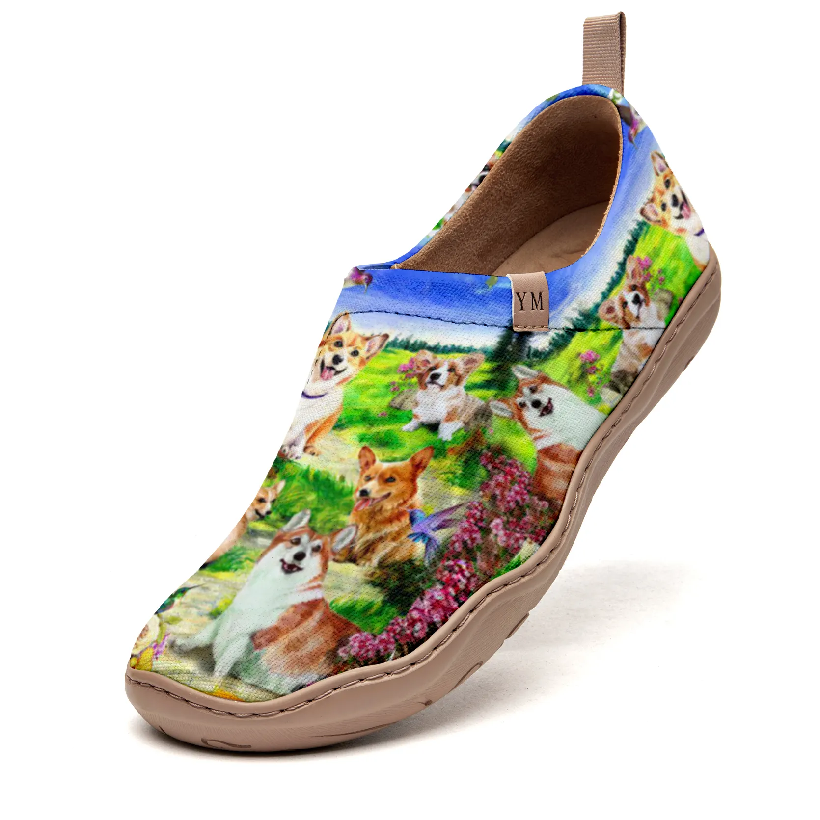 Women's Foldable Loafers, Corgi In The Grass Green Painted Canvas Slip-On Sneakers