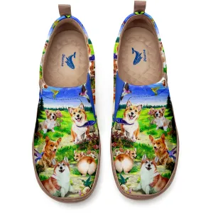 Women's Foldable Loafers, Corgi In The Grass Green Painted Canvas Slip-On Sneakers