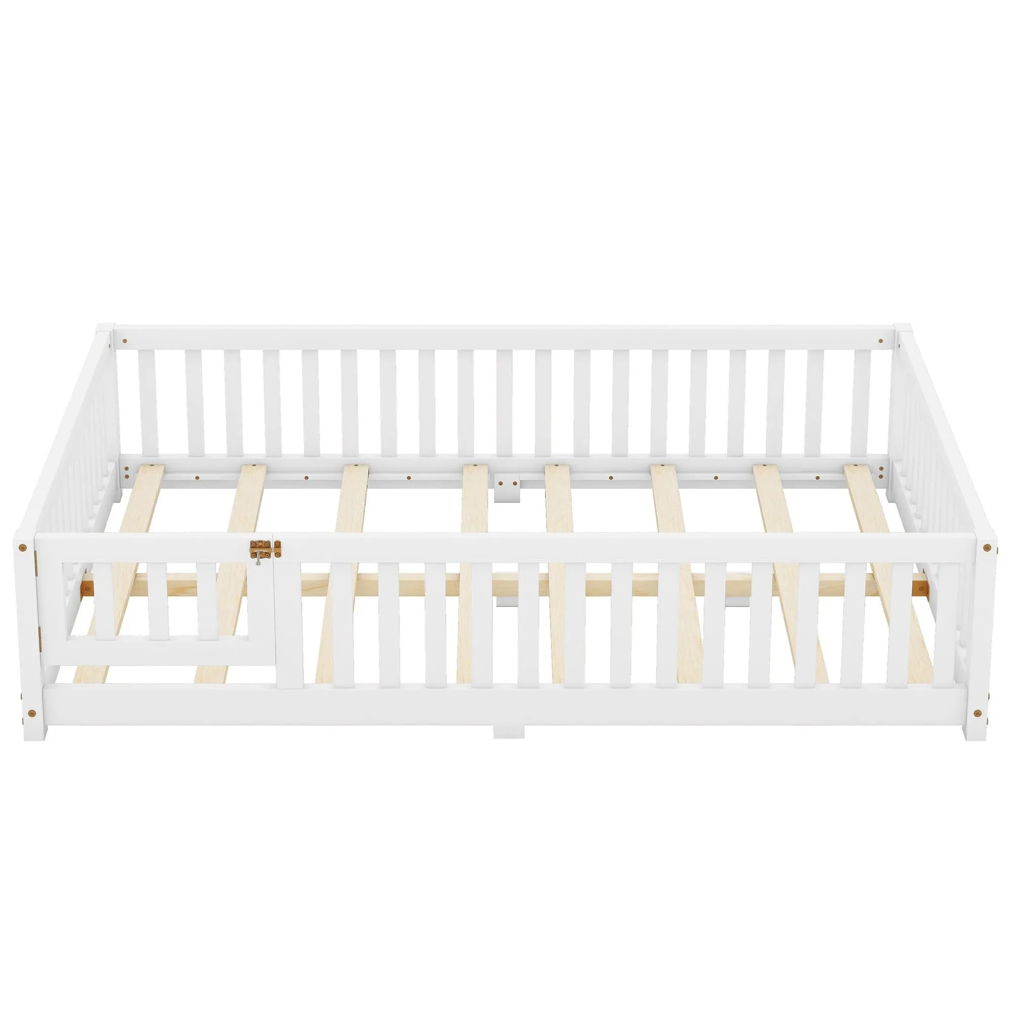 Wood Kids Platform Floor Bed with Rails and Switched Door White