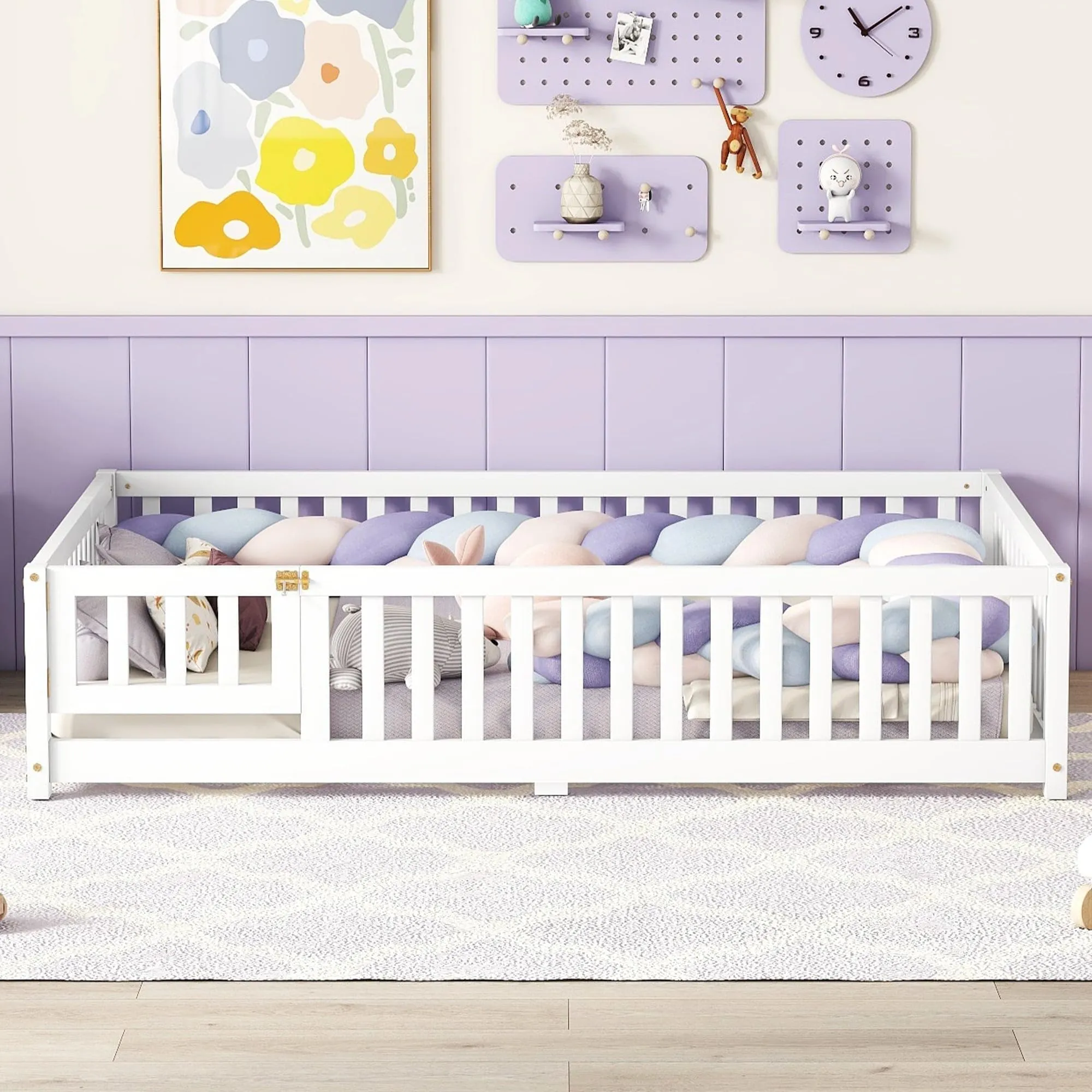 Wood Kids Platform Floor Bed with Rails and Switched Door White