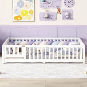 Wood Kids Platform Floor Bed with Rails and Switched Door White