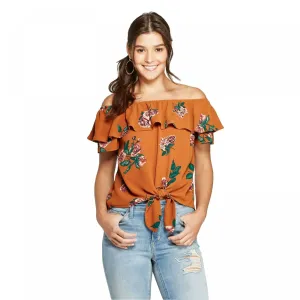 Xhilaration Women's Floral Print Short Sleeve Off The Shoulder Tie Front Top